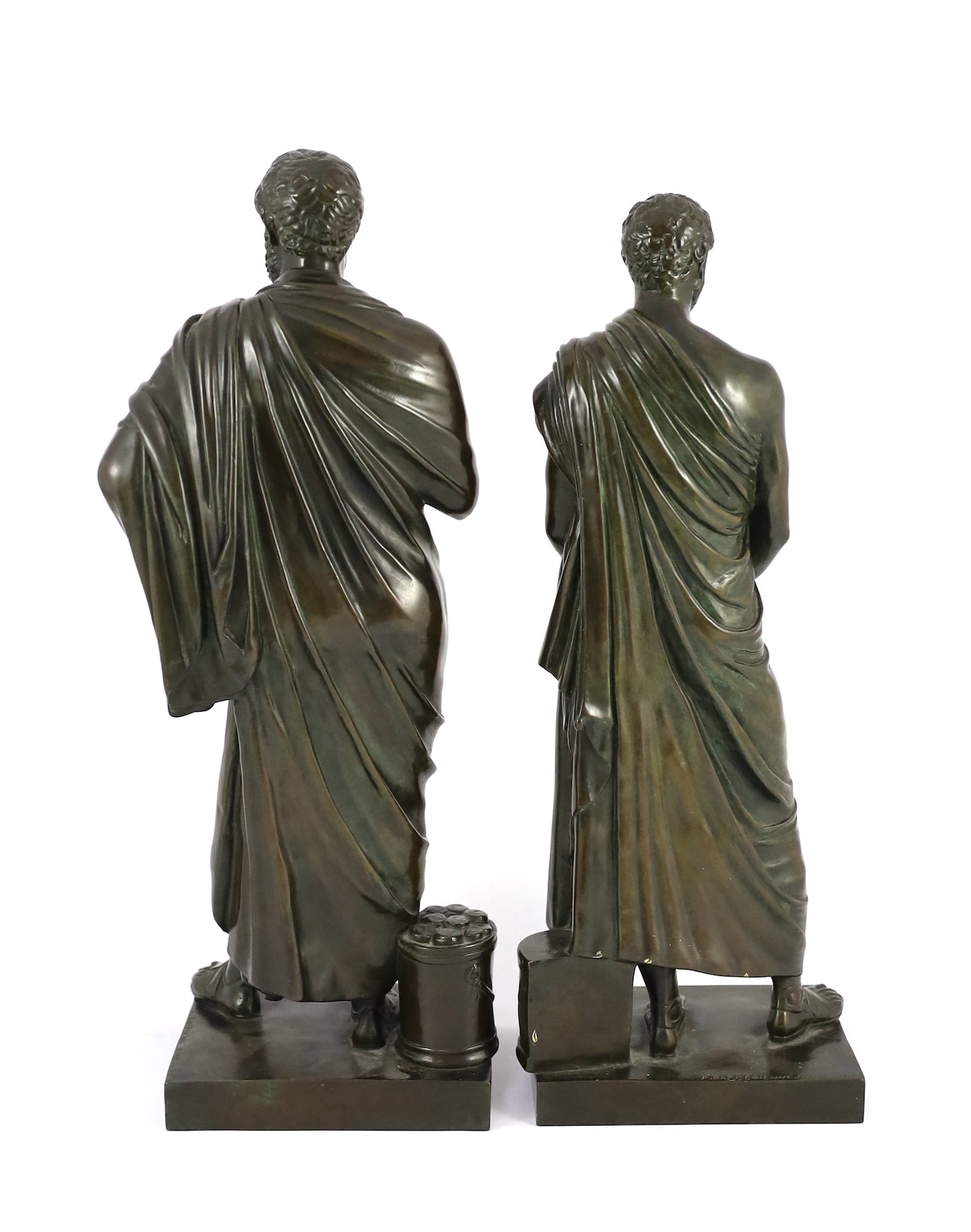 Ferdinand Barbedienne (French, 1810-1892). A pair of bronze figures of Sophocles and Demosthenes, height 43cm and 41cm